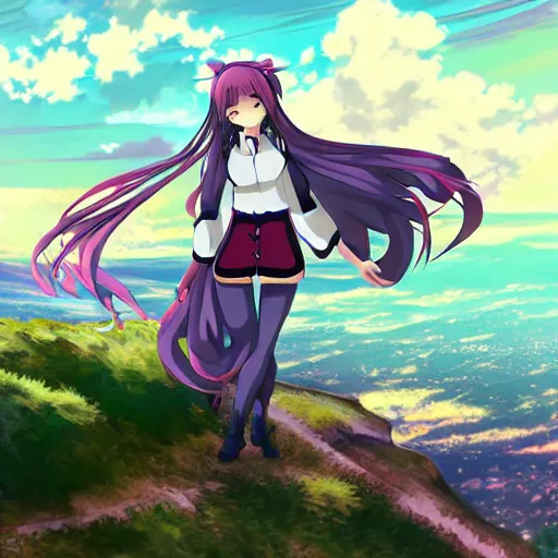 Image similar to beautiful anime waifu scaling a mountain, pixiv