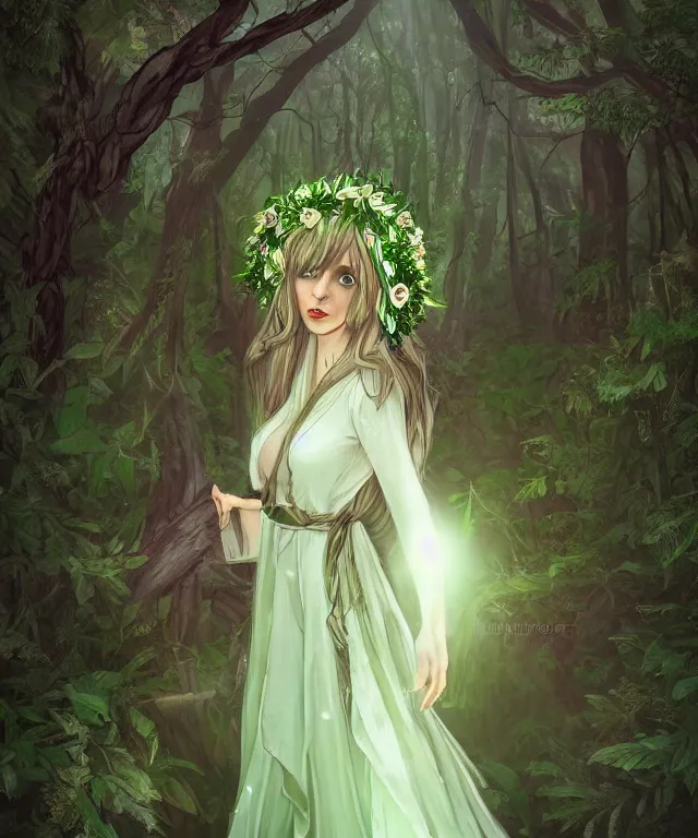 Image similar to young beautiful fey druid woman, full body portrait, white hair, flower crown, dark green robes, intricate, standing in a dark forest, sunbeams, illustration, romanticism