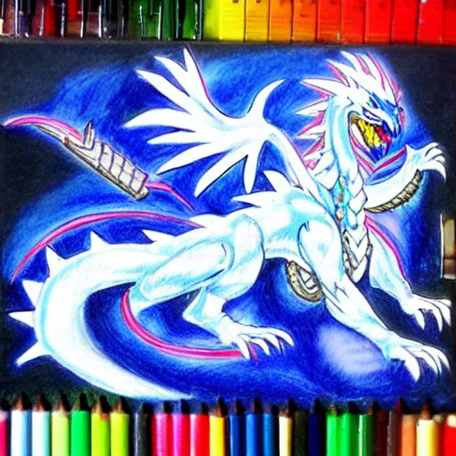 Image similar to wax crayon drawing of the blue - eyes white dragon from yu - gi - oh