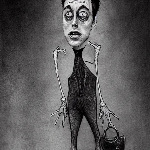 Image similar to michael karcz grunge drawing of elon musk. , in the style of corpse bride, loony toons style, horror themed, detailed, elegant, intricate, trending on artstation, 4k