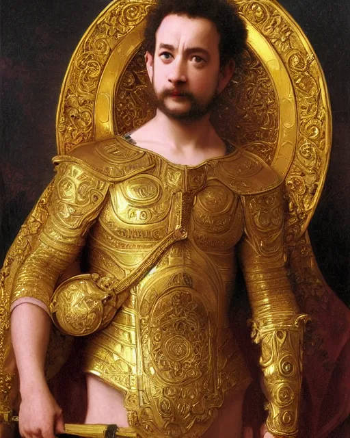Prompt: Tom Hanks, dressed in ornate, detailed, intricate golden armor, detailed oil painting by William Adolphe Bouguereau