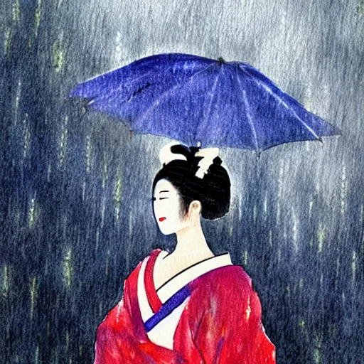 Image similar to dramatic portrait of a geisha holding and umbrella in a rainstorm at dusk : dynamic lighting / watercolor / close - up :