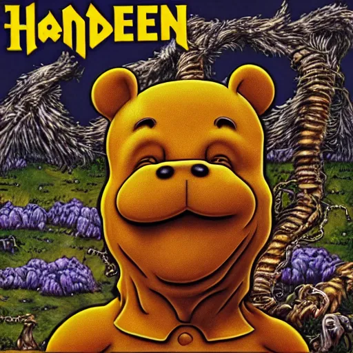 Image similar to winnie the poo on iron maiden album cover, 8 k resolution hyperdetailed photorealism