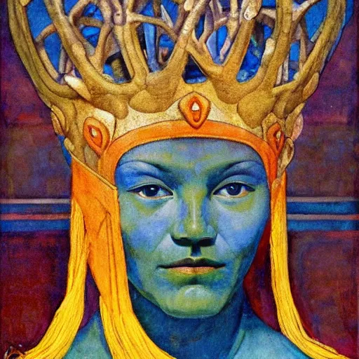 Image similar to the forest crown, by Annie Swynnerton and Nicholas Roerich and Diego Rivera, blue skin, elaborate costume, geometric ornament, rich color, dramatic cinematic lighting, smooth, sharp focus, extremely detailed