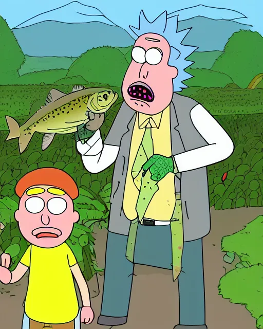 Image similar to Rainbow Trout farmer drawn in the style of Rick and Morty, Adult Swim, Rick and Morty, Justin Roiland