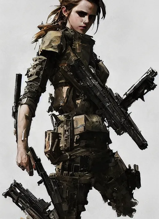 Prompt: emma watson wearing metal gear armor holding rifle dramatic lighting art by Yoji Shinkawa by Richard Schmid by greg rutkowski by Sandra Chevrier by Jeremy Lipking cinematic dramatic