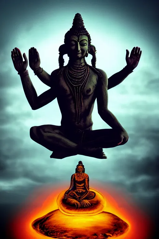 Prompt: One many-armed Shiva sitting in the lotus position. Nuclear explosion on the background. Dark colors, high detail, hyperrealism, horror art, masterpiece, close-up, zoom, concept art, octane render, biopunk, body-horror, ceremonial portrait, solo, macrophoto, art