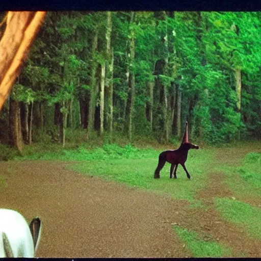 Prompt: night green security footage of a teenager with short black curly hair on the woods riding a real unicorn