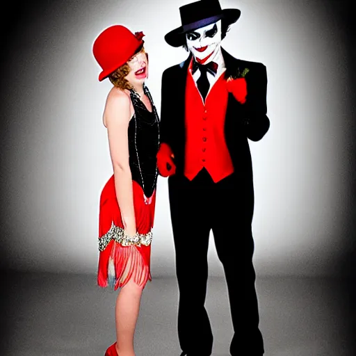 Prompt: the joker wearing a black suit with red tie, wearing a fedora, standing next to a 20's flapper, prom pictures, amateur photography