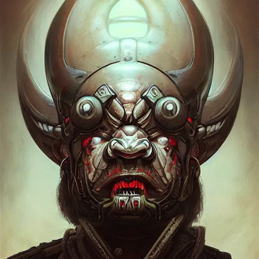 Image similar to portrait, cyberpunk japanese oni demon with hrons, stern expression, long hair, highly detailed, digital painting, artstation, concept art, smooth, sharp focus, illustration, artgerm, tomasz alen kopera, peter mohrbacher, donato giancola, joseph christian leyendecker, wlop, frank frazetta