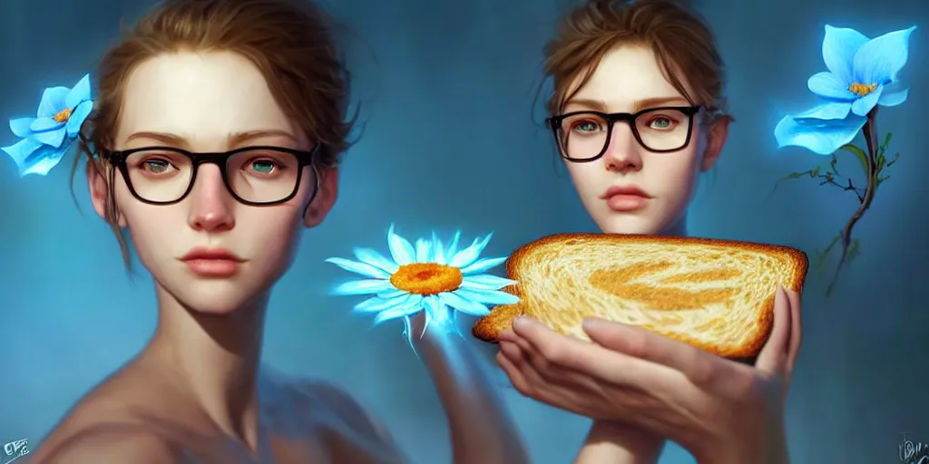 Image similar to epic professional digital art of a bread toast!!! wearing 👓!!!! and a blue flower!!!!, best on artstation, cgsociety, wlop, cosmic, epic, stunning, much detail, much wow, masterpiece, backlight