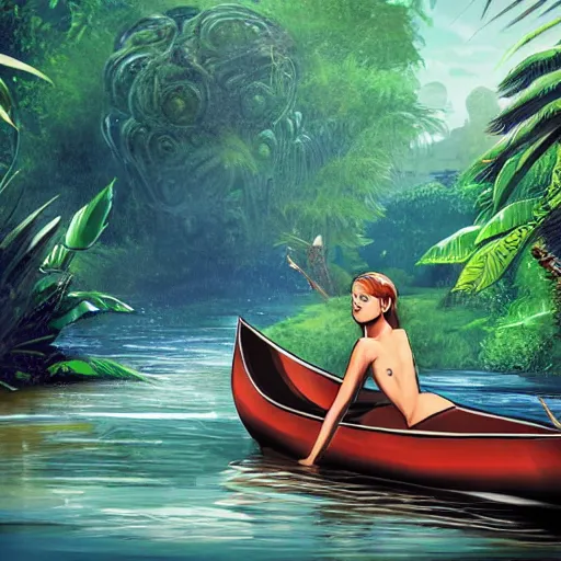 Prompt: a woman lying down in a canoe that is floating down a river on an alien planet, in the background is lush alien jungle, detailed face background detail, graphic novel,