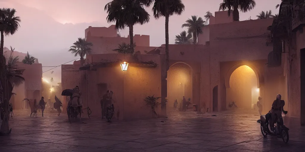 Image similar to Marrakech , beautiful dynamic lighting, cinematic, wide angle establishing shot, extremely high detail, photo realistic, cinematic lighting, post processed, concept art, artstation, matte painting, style by eddie mendoza, raphael lacoste, alex ross, volumetric lighting, light rays, photorealistic, ultrarealistic, moody, coronarender, 8k