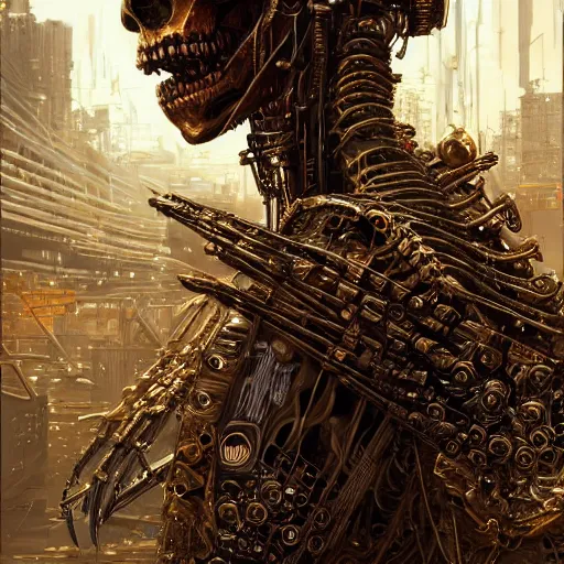 Image similar to a golden cyberpunk skeleton with highly detailed and intricate electric eyes, by android jones and greg rutkowski, Trending on artstation, hyperrealism, elegant, stylized, highly detailed digital art, 8k resolution, hd, global illumination, radiant light, detailed and intricate cyberpunk ghetto environment, rendered in octane, oil on canvas, wide angle, dynamic portrait