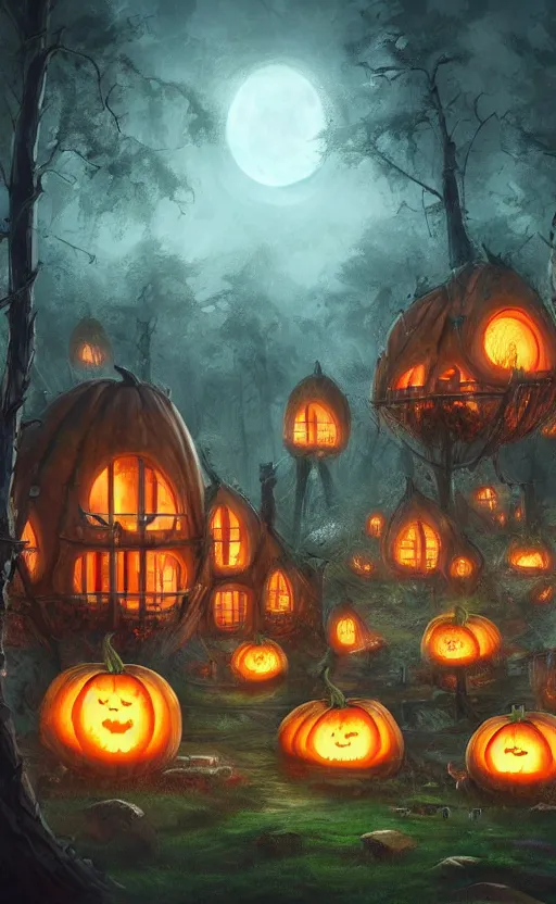 Image similar to a giant pumpkin house in the middle of a forest at night, the lights are on, dynamic lighting, photorealistic fantasy concept art, trending on art station, stunning visuals, creative, cinematic, ultra detailed