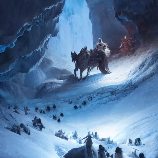 Prompt: riding the warcat into the deep ice cave. melancholy undertones, high fantasy art official contest submission greg rutkowski emissive lighting 3 8 4 0