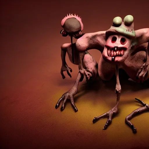 Image similar to Dunwhich horror by Tim Burton and Mike mignola, claymation, stop motion, depth of field, 35mm, 1.2 fl, close up, 4k, hyper realistic, atmospheric, Arnold render