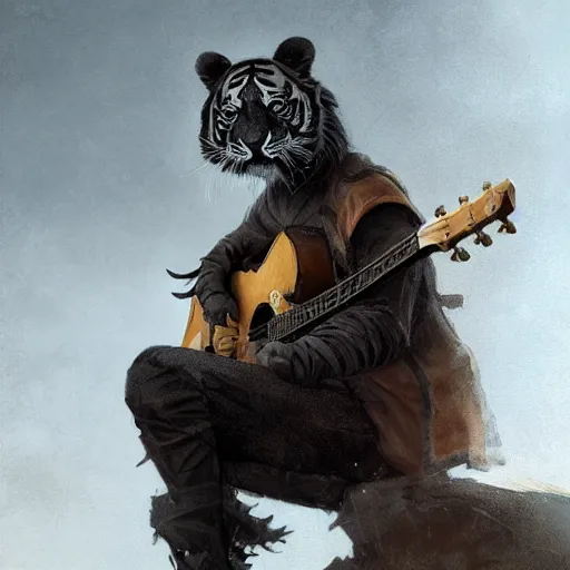 Prompt: a award winning commission portrait of a fit anthro black tiger aying a guitar,digital art,art by greg rutkowski,character design by charles bowater,detailed face,hyperdetailed,photorealistic,artstation,deviantart,4k,western comic art,sharp,high definition,peacful,calm,relaxing