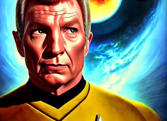 Image similar to portrait shot of a evil captain kirk in star trek, realistic, professionally, professionally color graded, intricate, elegant, highly detailed, centered, digital painting, artstation, concept art, smooth, sharp focus, illustration, artgerm, tomasz alen kopera, peter mohrbacher, donato giancola, joseph christian leyendecker, wlop, boris vallejo