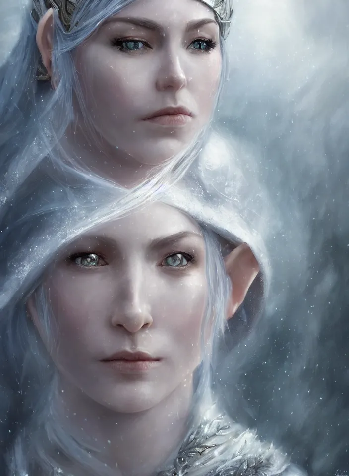 Image similar to a closeup portrait of an elven queen from skyrim wearing white mithril armor, fantasy setting, cold environment, serene colors, soft lighting, atmospheric, cinematic, moody, in the style of diego koi, gina heyer, luiz escanuela, art by alyssa monk, depth, hyperrealism, rule of thirds, golden ratio, oil on canvas, 8 k