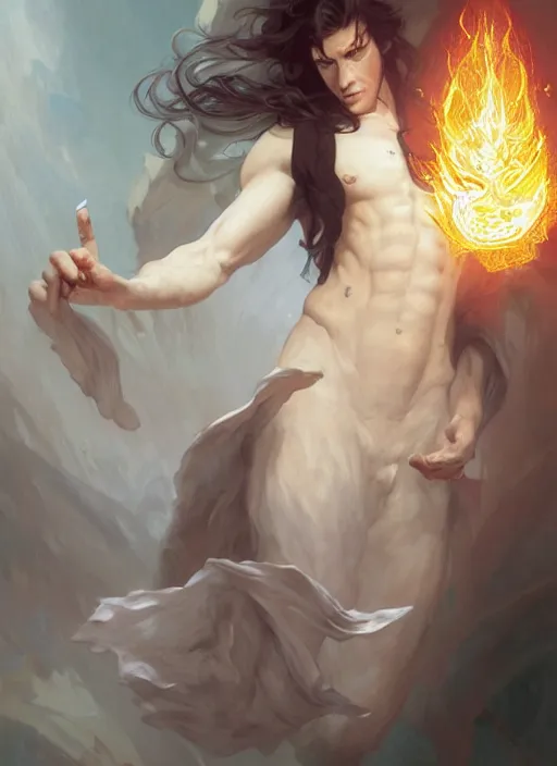 Prompt: character concept portrait of an attractive young Spanish wizard with white skin conjuring a volcano spell, a floating iridescent spell book in the center, intricate, elegant, digital painting, concept art, smooth, sharp focus, illustration, from Metal Gear, by Ruan Jia and Mandy Jurgens and William-Adolphe Bouguereau, Artgerm