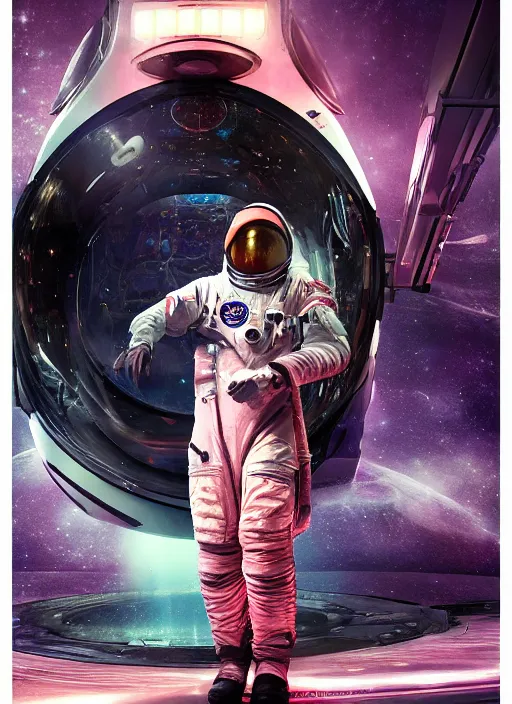 Image similar to complex poster by craig mullins astronaut in futuristic dark and empty spaceship underwater. infrared glowing lights. complex and hyperdetailed technical pink suit. reflection and dispersion materials. rays and dispersion of light. volumetric light. 5 0 mm, f / 3 2. noise film photo. flash photography. unreal engine 4, octane render. interstellar movie art