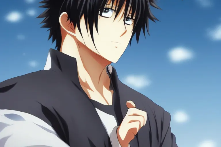 Prompt: A cold handsome young man，Black short hair like a hedgehog, blue pupil, Hijikata Toushirou of Gintama,Kyoto Animation,Doujin,Popular on Pixiv