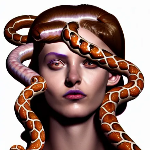 Image similar to medusa with sausages instead of snakes, sausage hair, photorealistic, illustration, intricate details, masterpiece, digital art, trending on artstation