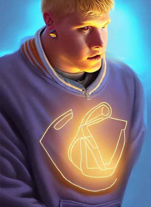 Image similar to portrait of high school senior boy named big moose, blonde short hair, jock, beefy, wide face, square jaw, square facial structure, blue varsity jacket with letter r, intricate, elegant, glowing lights, highly detailed, digital painting, artstation, concept art, sharp focus, illustration, art by wlop, mars ravelo and greg rutkowski