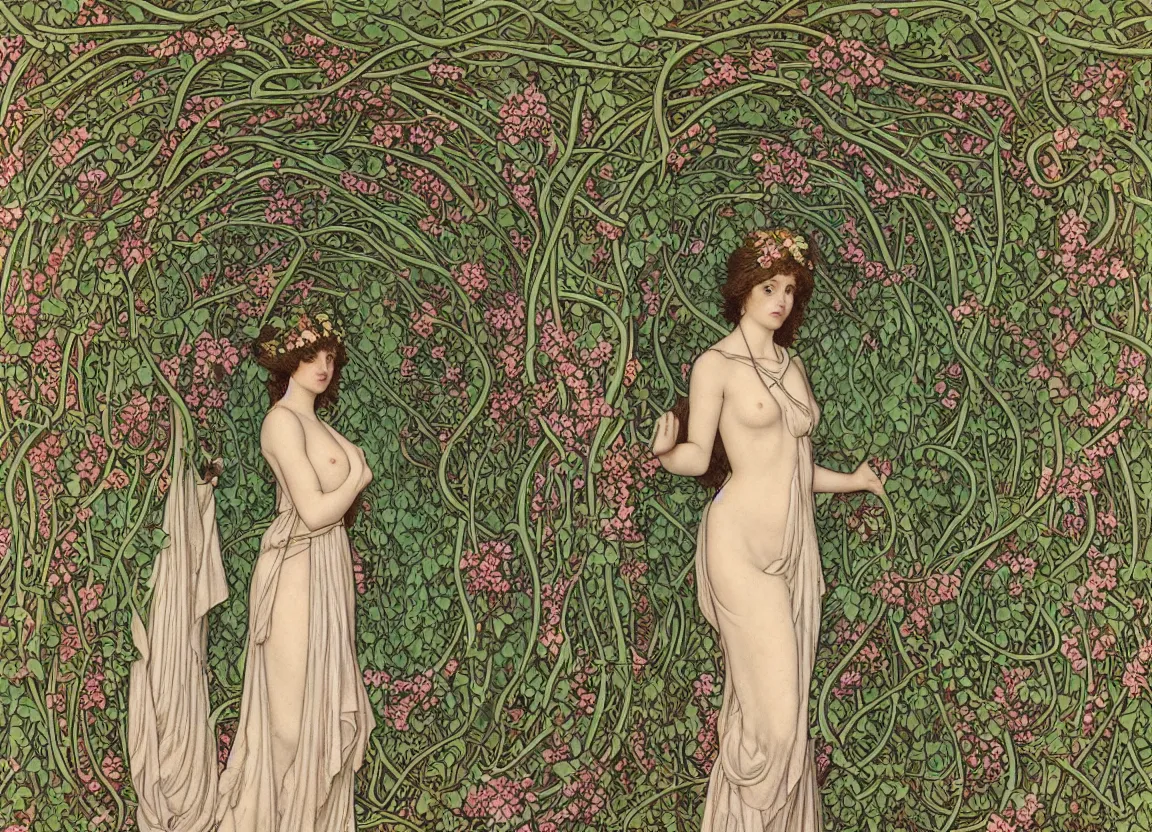 Prompt: Stunning Art Nouveau goddess standing in an arched doorway covered in vines and flowers by Elisabeth Sonrel, intricate, beautiful, artstation 8k, high resolution