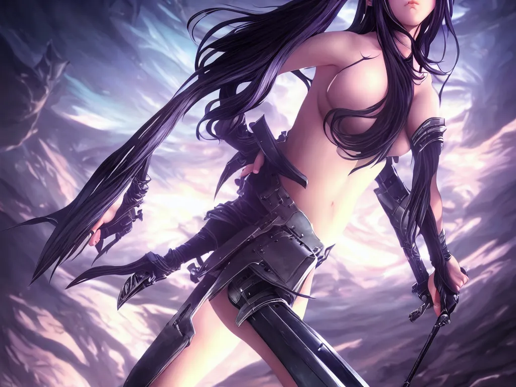 Image similar to extremely beautiful aesthetic girl with ego weapons, black long hair, occlusion shadow, specular reflection, rim light, unreal engine, octane render, artgerm, artstation, art by hiroaki samura and jiro matsumoto and yusuke murata, high quality, highly detailed 8 k, fantasy illustration, beautiful shape of body, epic scene