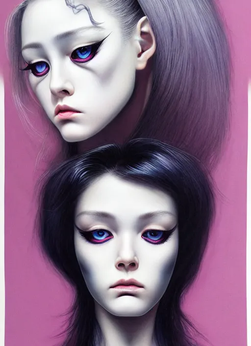 Image similar to beautiful matte airbrush portrait of an androgynous face with big sad eyes crying on a white background, 8 0's airbrush aesthetic, art by pater sato, ayami kojima and yoshitaka amano