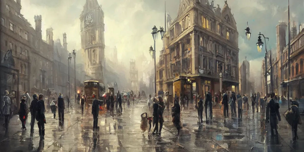 Image similar to beautiful painting of old London street scene painted by Leesha Hannigan, Ross Tran, Thierry Doizon, Kai Carpenter, Ignacio Fernández Ríos