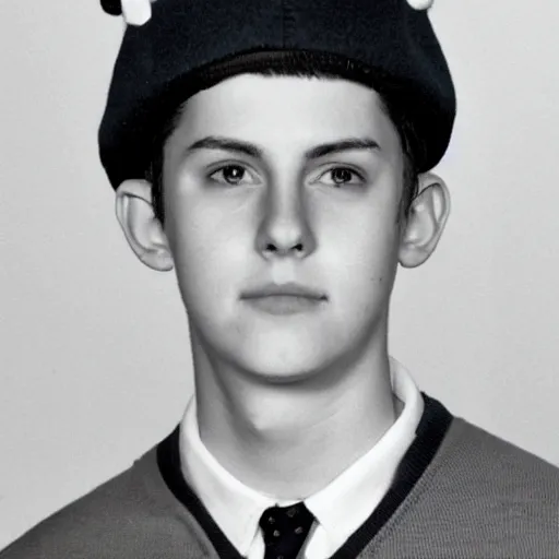 Image similar to a yearbook photo of Jughead Jones in 1966, he is wearing a felt hat shaped exactly like a crown with four points on his head