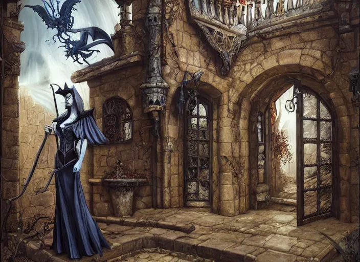 Image similar to a grotesque courtyard with gates and a beautiful witch queen poses with her evil mechanical beast, detailed 4 k painting, dramatic cold light, style of gerald brom