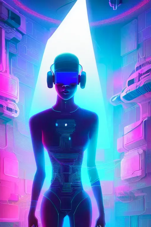 Prompt: futuristic blue djinn with microphone behind a wall of matrix, cyberpunk in synthwave aesthetic, sci - fi, illustration by atey ghailan, by greg rutkowski, by greg tocchini, by james gilleard, by joe gb fenton, symmetrical features, royally decorated, organic, whirling gasses, colorful torn nebulas, radiant vibrant colors