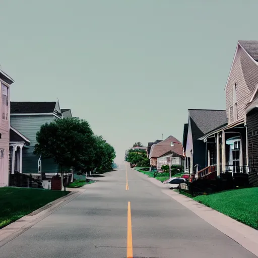 Prompt: Grainy photograph of a liminal middle class American suburb, with narrow and tall pastel houses, clean, empty street, broad daylight