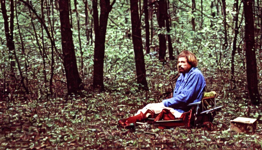 Prompt: 7 0 s film still from a horror movie with a man sitting in a forest, kodachrome, cinecolor, cinestill, photorealism, cinematic, film grain, film texture, vhs recording