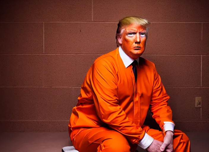 Image similar to portrait photo of donald trump sitting in a jail cell wearing an orange jumpsuit, studio lighting, key light, 8 k, 8 5 mm f 1. 8