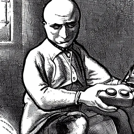 Prompt: a sick man holding a video game controller and looking at a television, suffering from the dreadful consequences of long-term gaming, Victorian medical illustration, anti-gamer propaganda