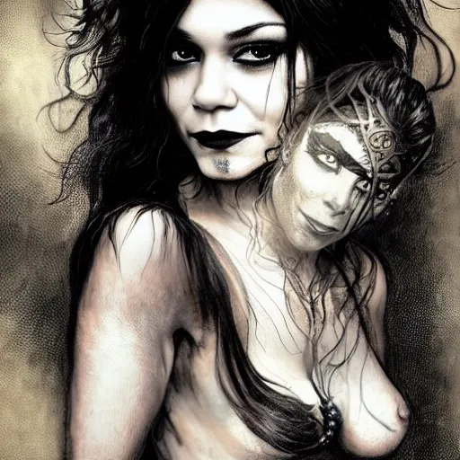 Image similar to beautiful portrait of vanessa hudgens as death from sandman, smiling, by cedric peyravernay, alphonse mucha, by jeremy mann, by lecouffe deharme, goth chic, tear tatoo, soft lightning, eyeliner, punk rock, high detailed, 8 k