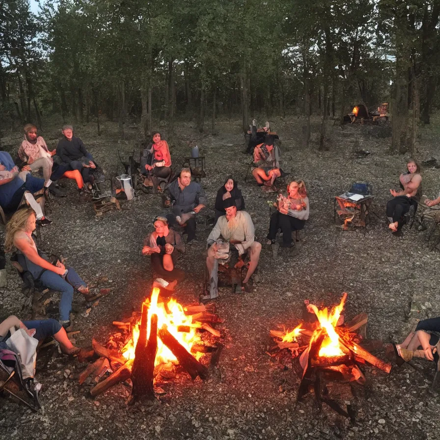 Image similar to a nice evening around the camp fire, friends are drinking and laughing, there is something behind the tree