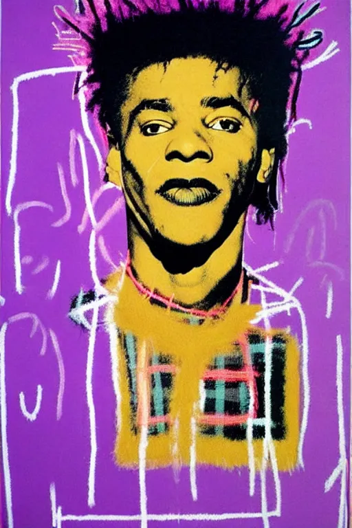 Image similar to a checkered fluffy robe over a purple clothed king, brown skin, painting by jean michel basquiat, andy warhol,