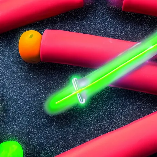 Image similar to an extremely high quality photo of a surreal neon-lightsaber-sandwich, the polymer clay neon tube ((sandwich)) creation, a hybrid mixture of sandwichlightsaberneons and lightsaber neon sign fillings, neon tubes drizzled on top, lightsaber filling, promotional photo, 4k polymer clay food photography