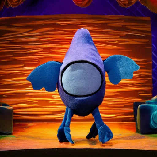 Image similar to a marketable plush muppet of a goth mantaray, in the style of muppets, lighting and character design from spongebob the musical on broadway, real, photograph, cinematic