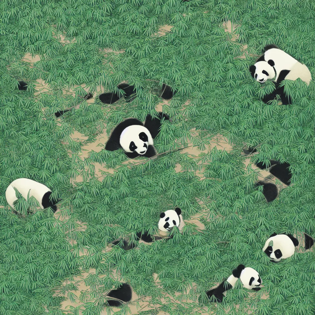 Image similar to isometric view illustration of a bamboo forest and panda eating bamboo, highly detailed mid day by victo ngai