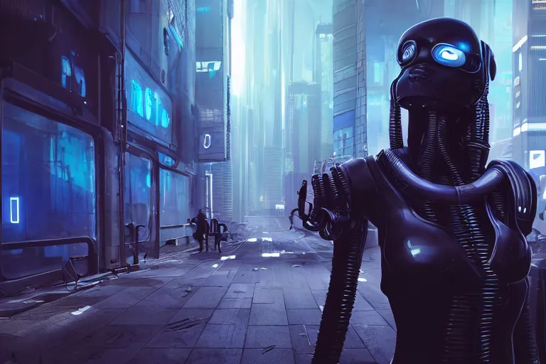 Image similar to cyberpunk alien concept inspired street, futuristic look, highly detailed body, very powerful, photorealistic camera shot, bright studio setting, studio lighting, crisp quality and light reflections, unreal engine 5 quality render