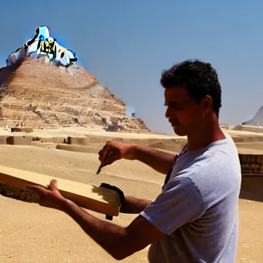 Image similar to a man cutting wood in front of egypt pyramids