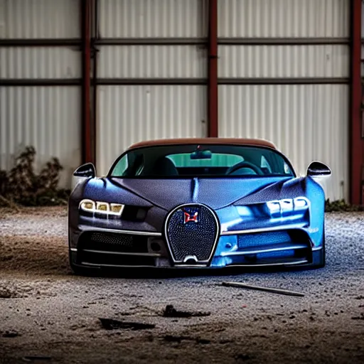 Image similar to an abandoned, derelict, rusty bugatti chiron in a dirty warehouse