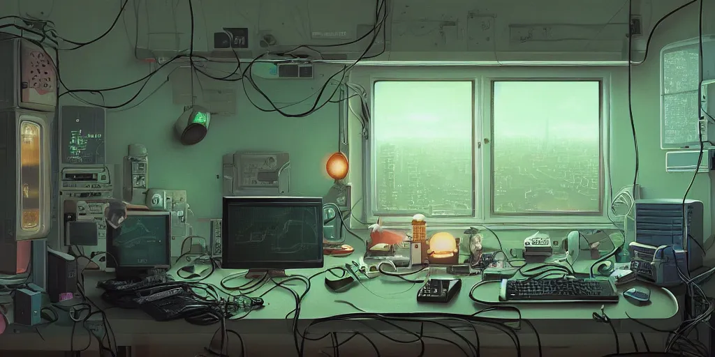 Prompt: cozy 9 0 s bedroom retrofuturism, cluttered, wires everywhere, computer, window, at night, lit only by the luminescent computer screen, dramatic lighting, alien technology, detailed by simon stalenhag